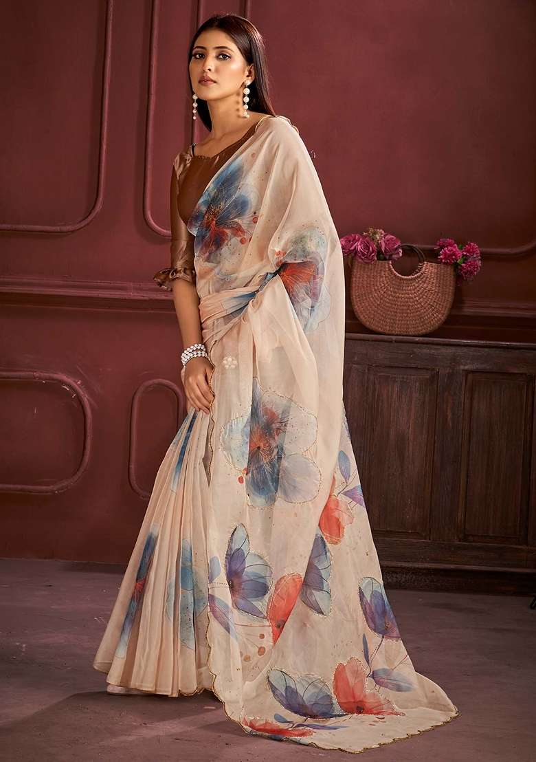 Cream Printed Organza Saree Set - Indya