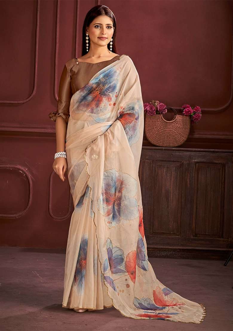 Cream Printed Organza Saree Set - Indya