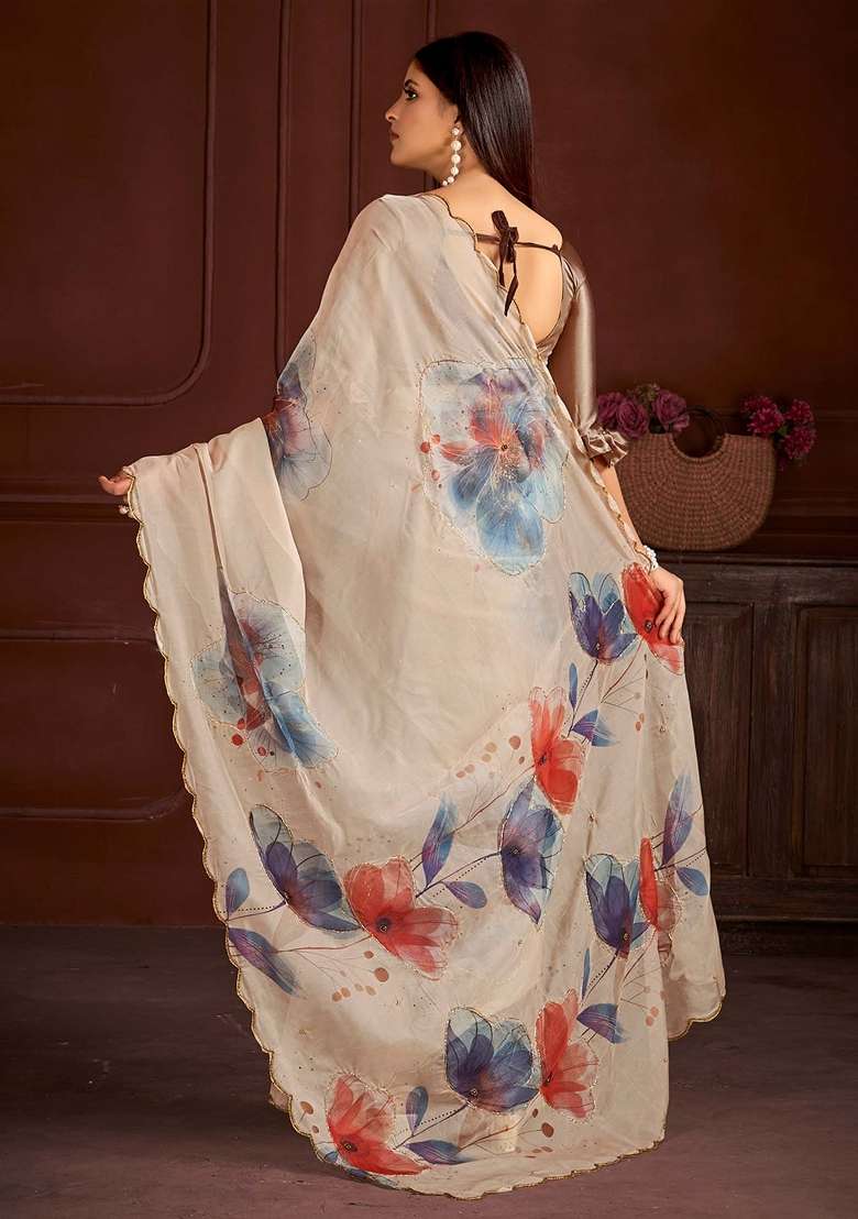 Cream Printed Organza Saree Set - Indya