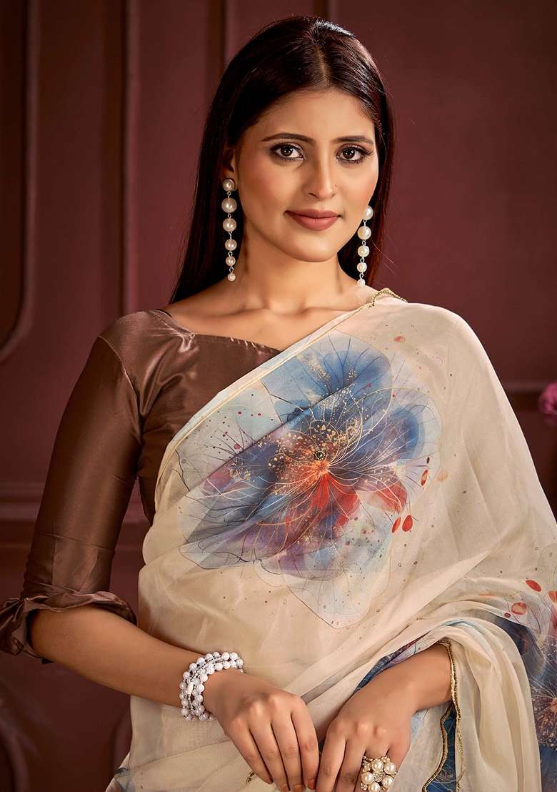 Cream Printed Organza Saree Set - Indya