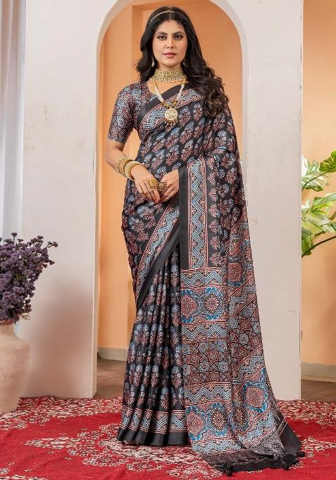 Black Printed Crepe Saree Set — view on Indya