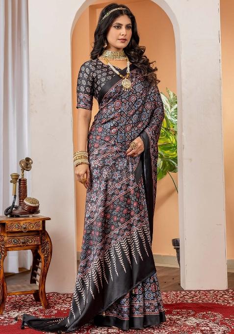 Black Printed Crepe Saree Set