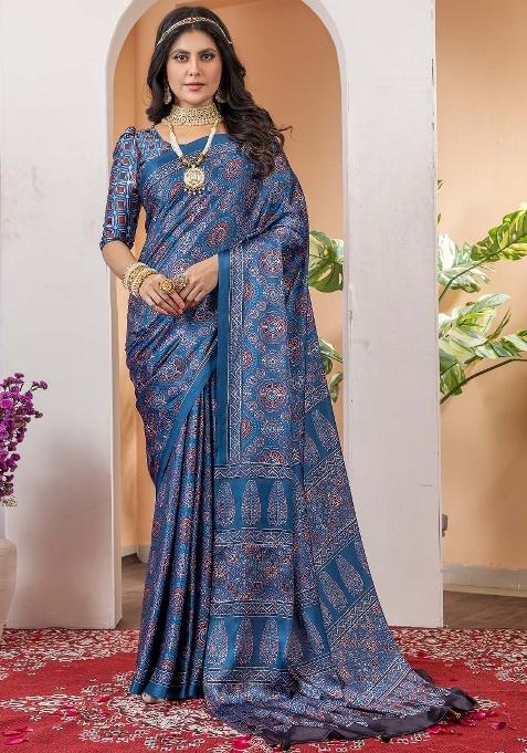 Blue Printed Crepe Saree Set — view on Indya