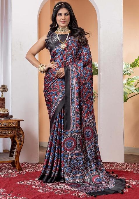 Black Printed Crepe Saree Set — view on Indya
