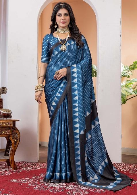 Blue Printed Crepe Saree Set — view on Indya