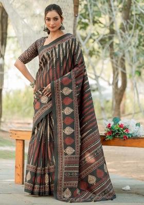 Olive Printed Silk Blend Saree Set