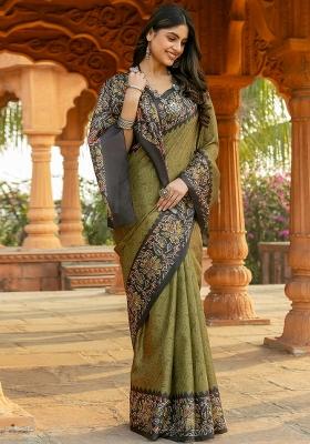 Olive Printed Malai Silk Blend Saree Set