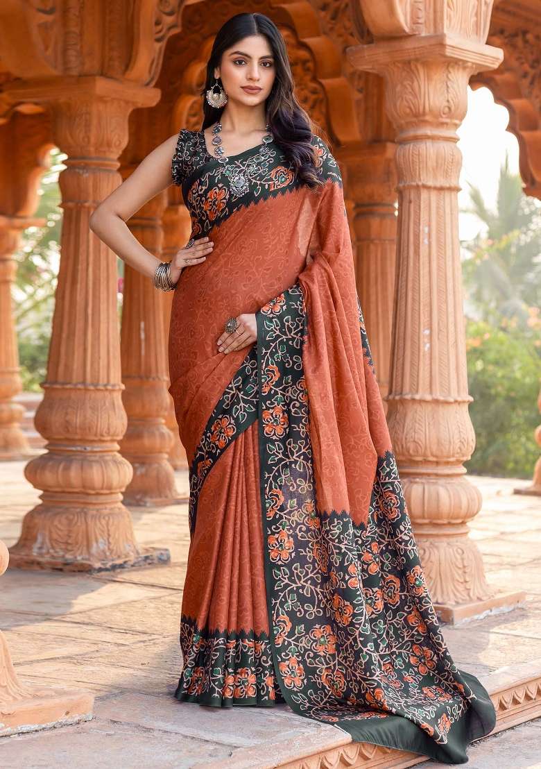Orange Printed Malai Silk Saree Set - Indya