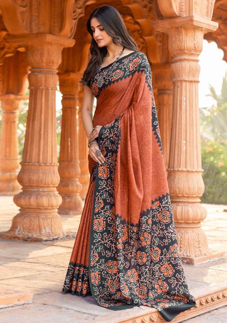 Orange Printed Malai Silk Saree Set - Indya