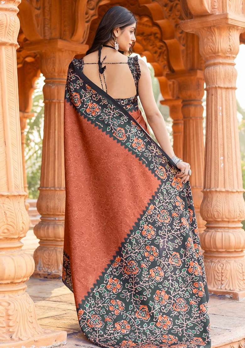 Orange Printed Malai Silk Saree Set - Indya