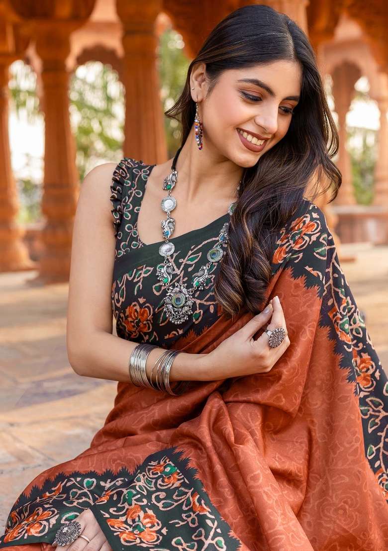 Orange Printed Malai Silk Saree Set - Indya