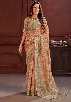 Peach Printed Cotton Silk Saree Set