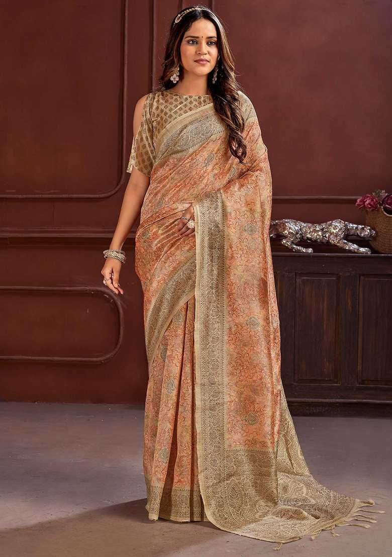 Peach Printed Cotton Silk Blend Saree Set - Indya