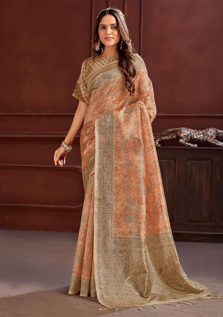Peach Printed Cotton Silk Blend Saree Set - Indya