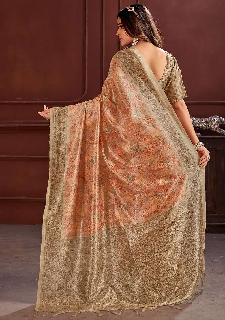 Peach Printed Cotton Silk Blend Saree Set - Indya