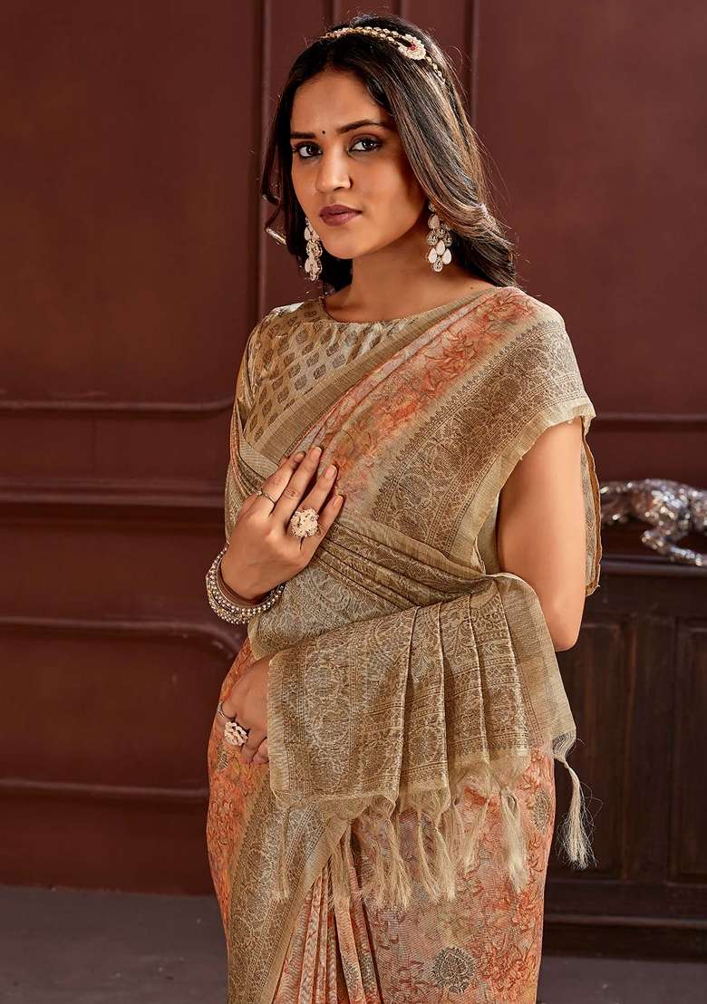 Peach Printed Cotton Silk Blend Saree Set - Indya