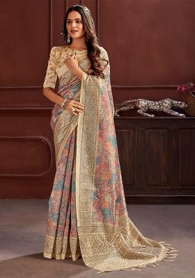 Multicolored Printed Cotton Silk Saree Set