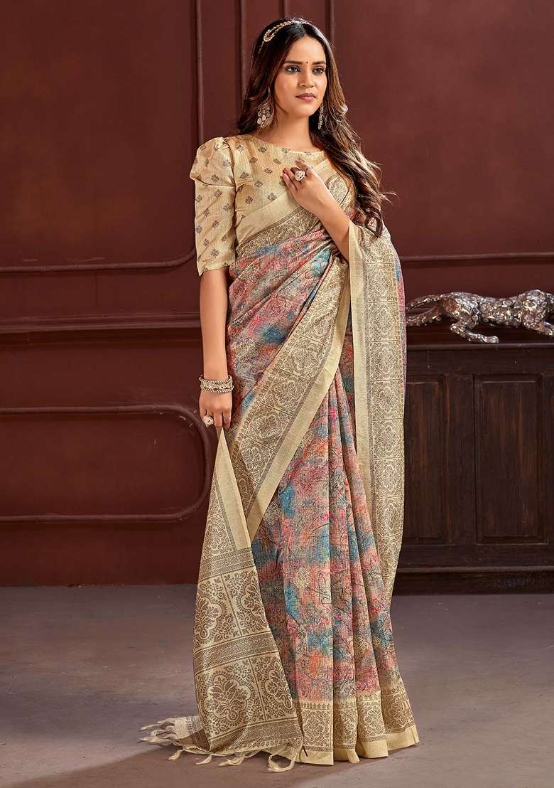 Multicolored Printed Cotton Silk Blend Saree Set - Indya