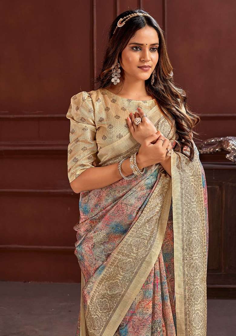 Multicolored Printed Cotton Silk Blend Saree Set - Indya