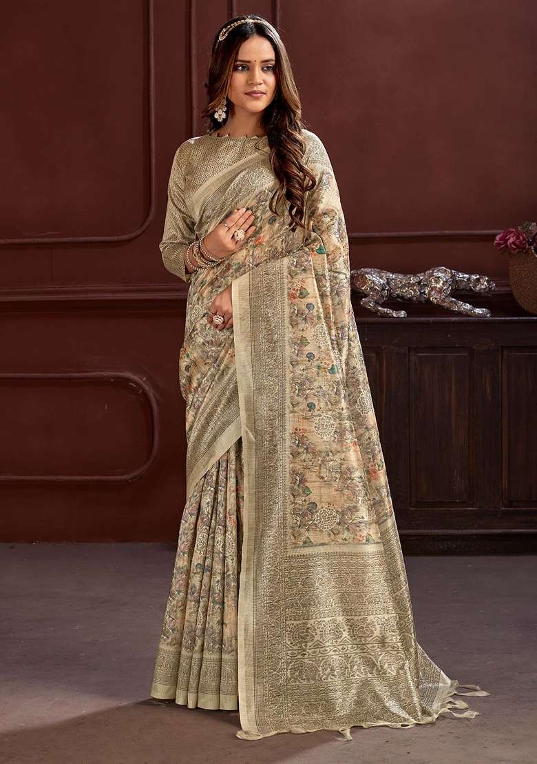 Cream Printed Cotton Silk Saree Set - Indya
