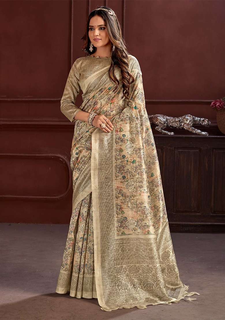 Cream Printed Cotton Silk Saree Set - Indya