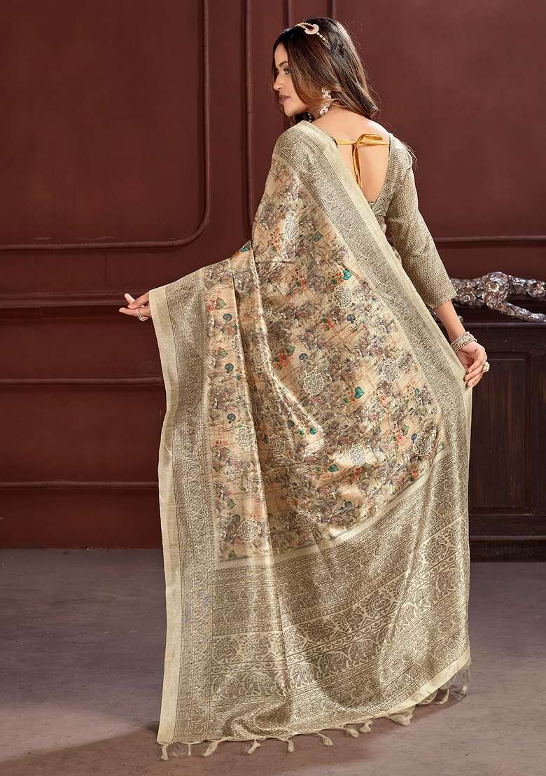 Cream Printed Cotton Silk Saree Set - Indya