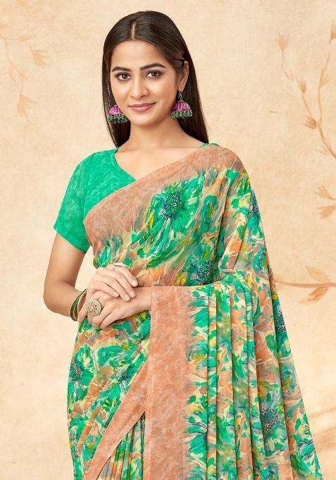Green Printed Georgette Saree Set — view on Indya