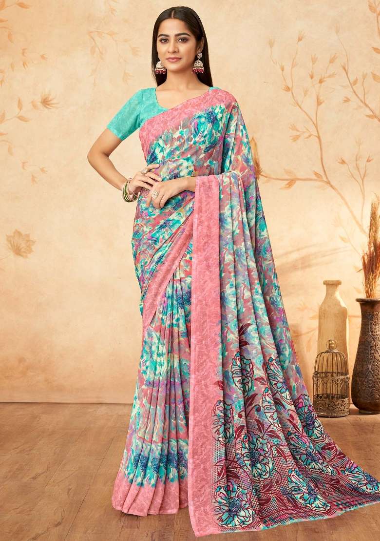 Light Blue Printed Georgette Saree Set - Indya