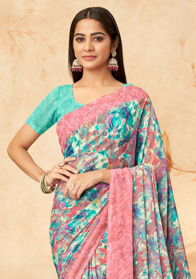 Light Blue Printed Georgette Saree Set - Indya