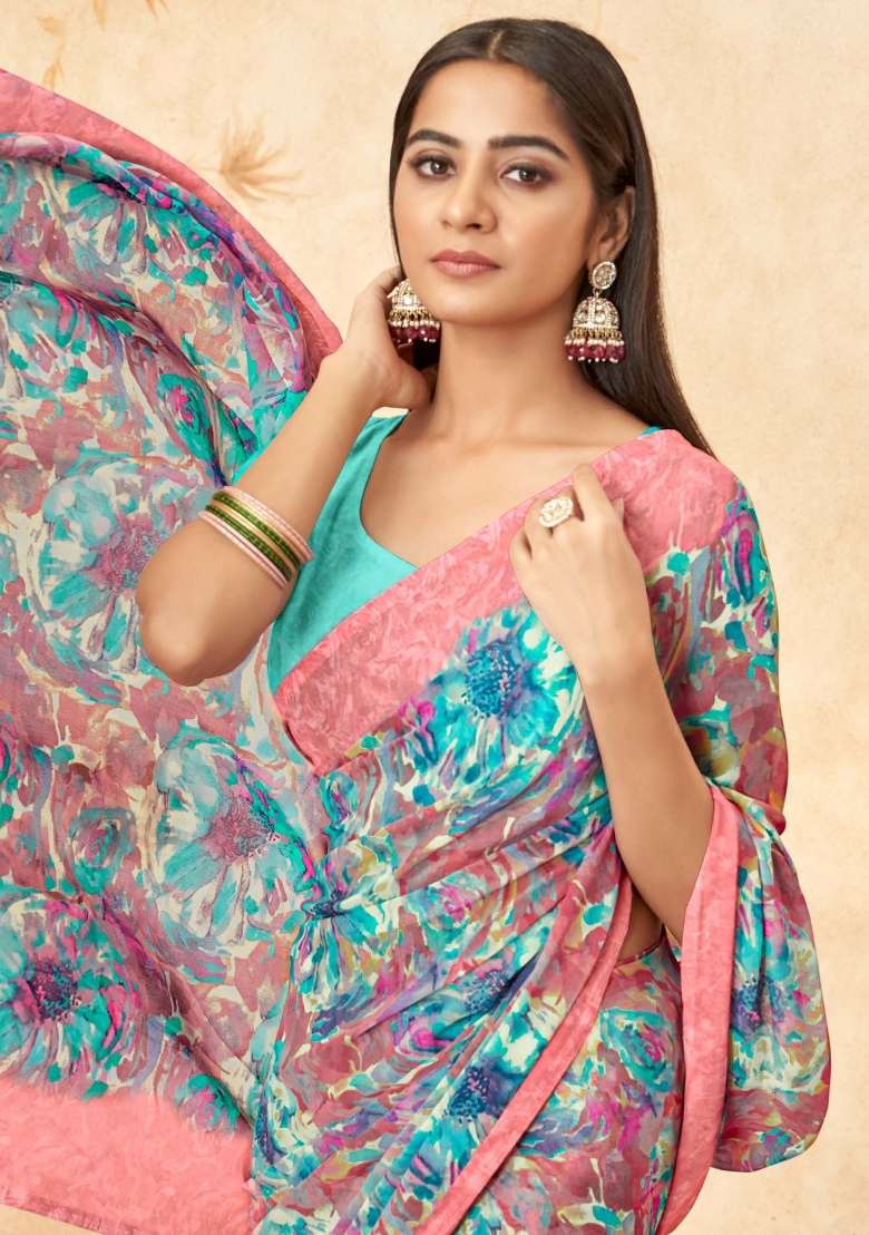 Light Blue Printed Georgette Saree Set - Indya