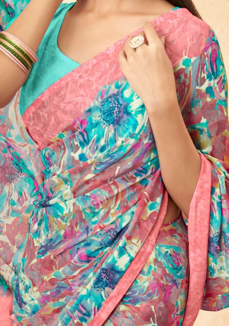 Light Blue Printed Georgette Saree Set - Indya