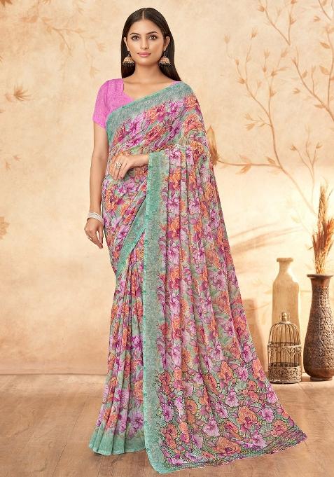 Purple Printed Georgette Saree Set — view on Indya