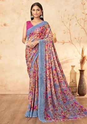 Lavender Printed Georgette Saree Set