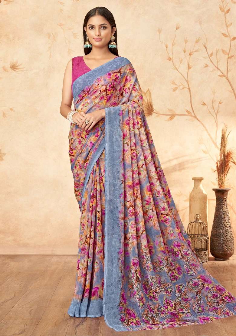 Lavender Printed Georgette Saree Set - Indya
