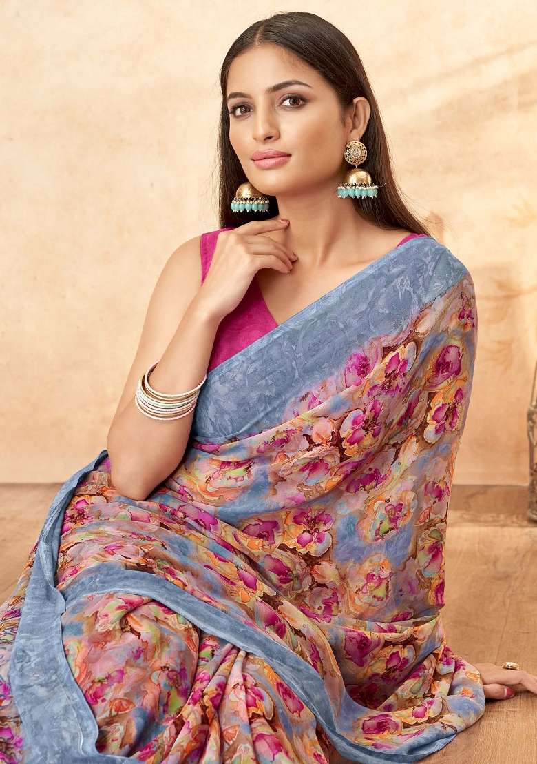 Lavender Printed Georgette Saree Set - Indya