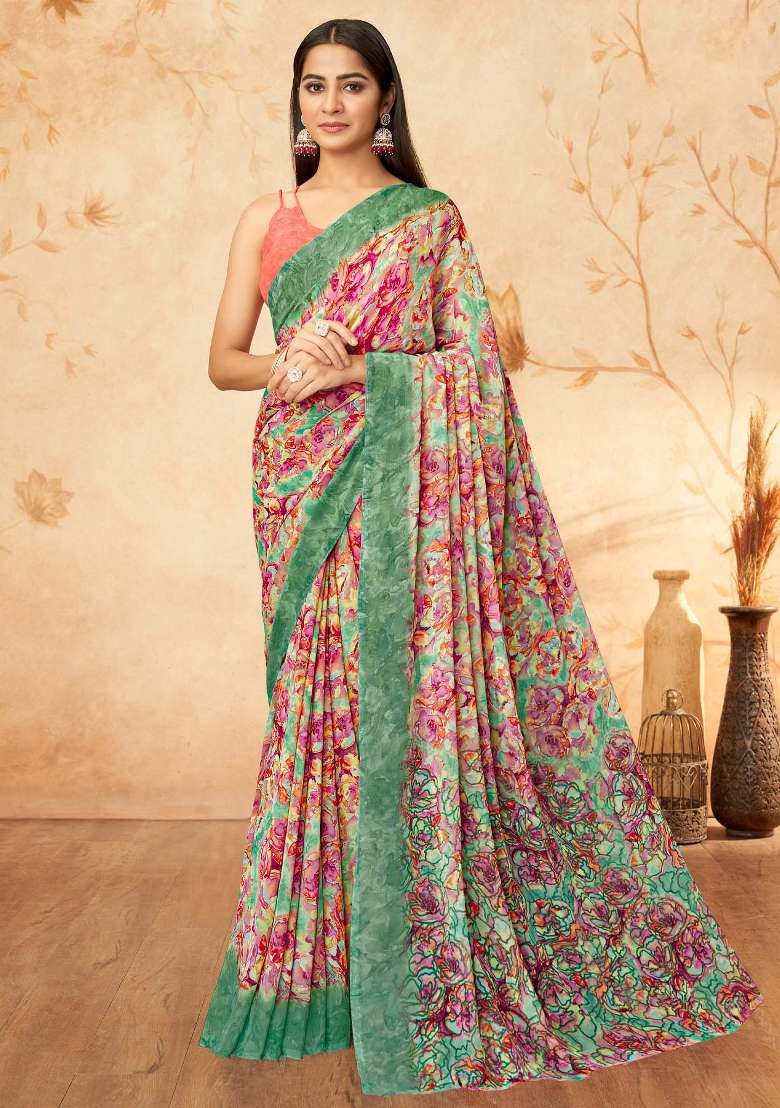 Green Printed Georgette Saree Set - Indya