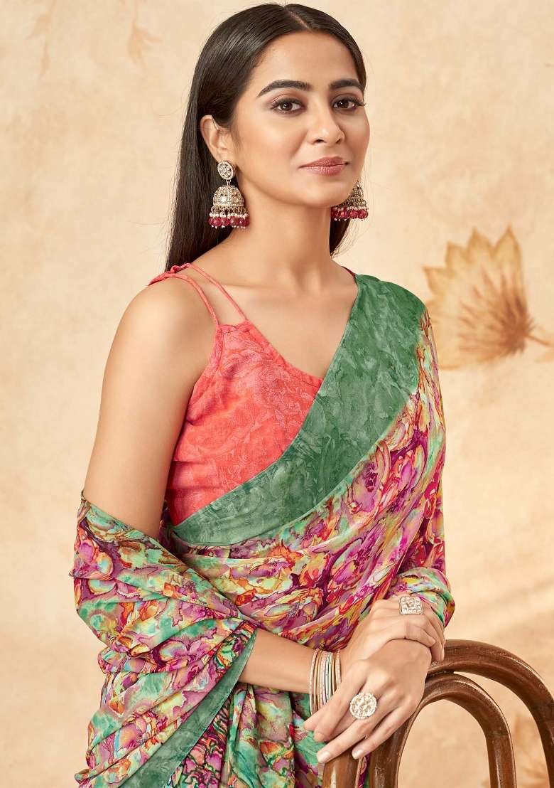 Green Printed Georgette Saree Set - Indya