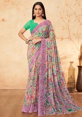 Purple Printed Georgette Saree Set