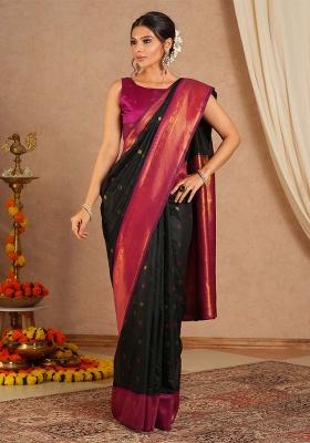 Black Printed Cotton Blend Saree Set