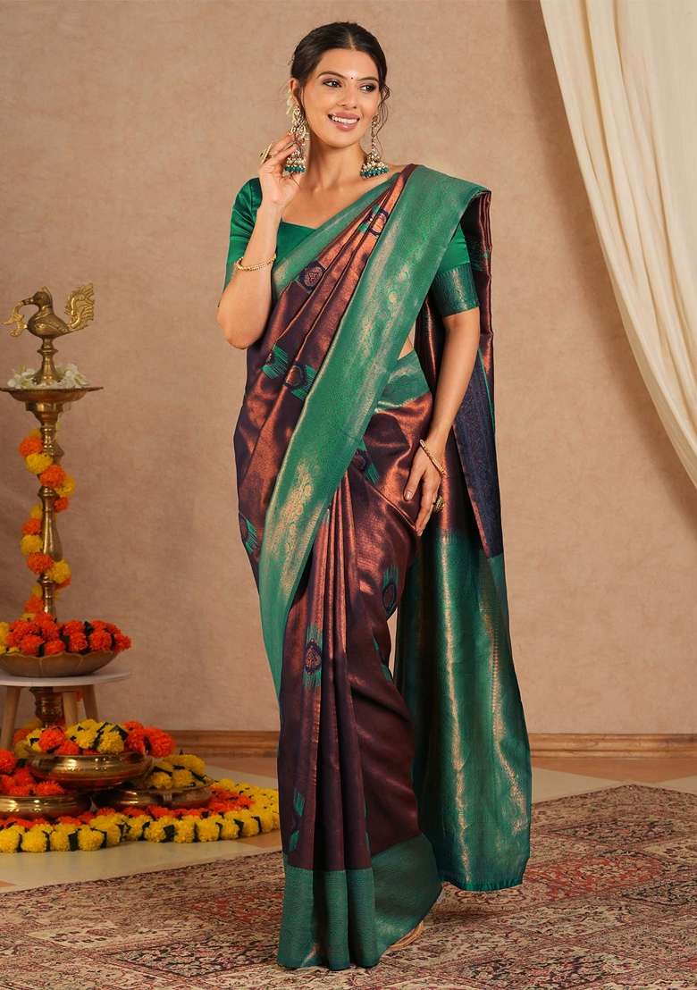 Brown Printed Banarasi Silk Blend Saree Set - Indya