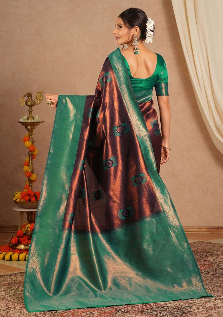 Brown Printed Banarasi Silk Blend Saree Set - Indya