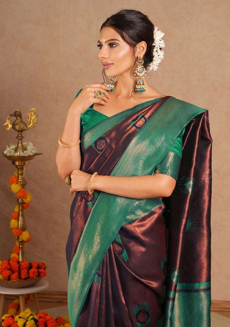 Brown Printed Banarasi Silk Blend Saree Set - Indya
