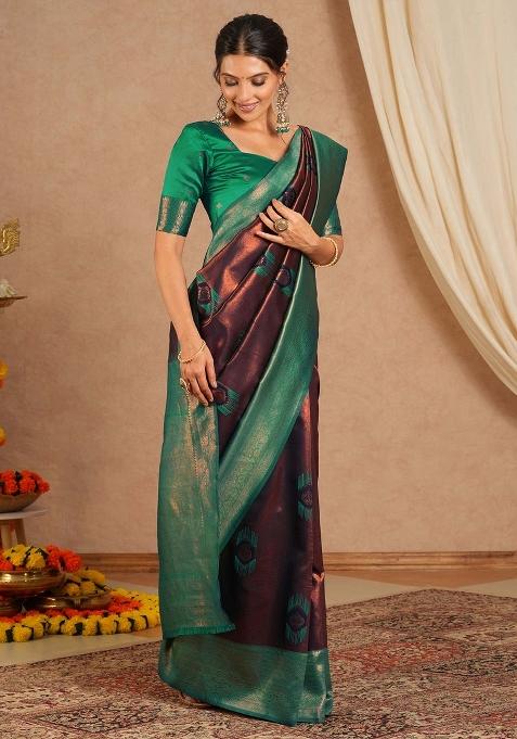 Brown Printed Banarasi Silk Saree Set — view on Indya
