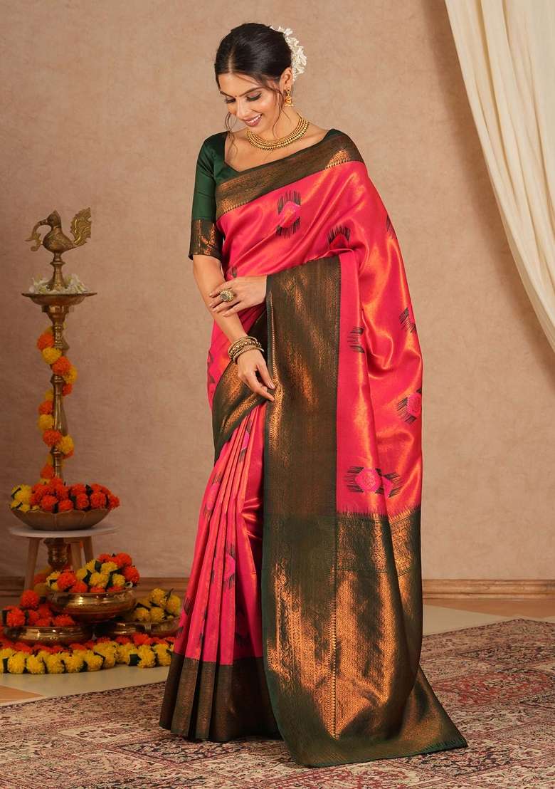 Pink Printed Banarasi Silk Blend Saree Set - Indya