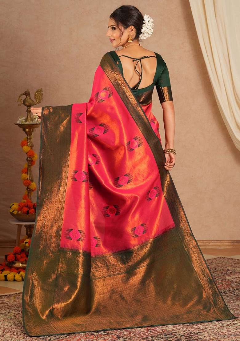 Pink Printed Banarasi Silk Blend Saree Set - Indya