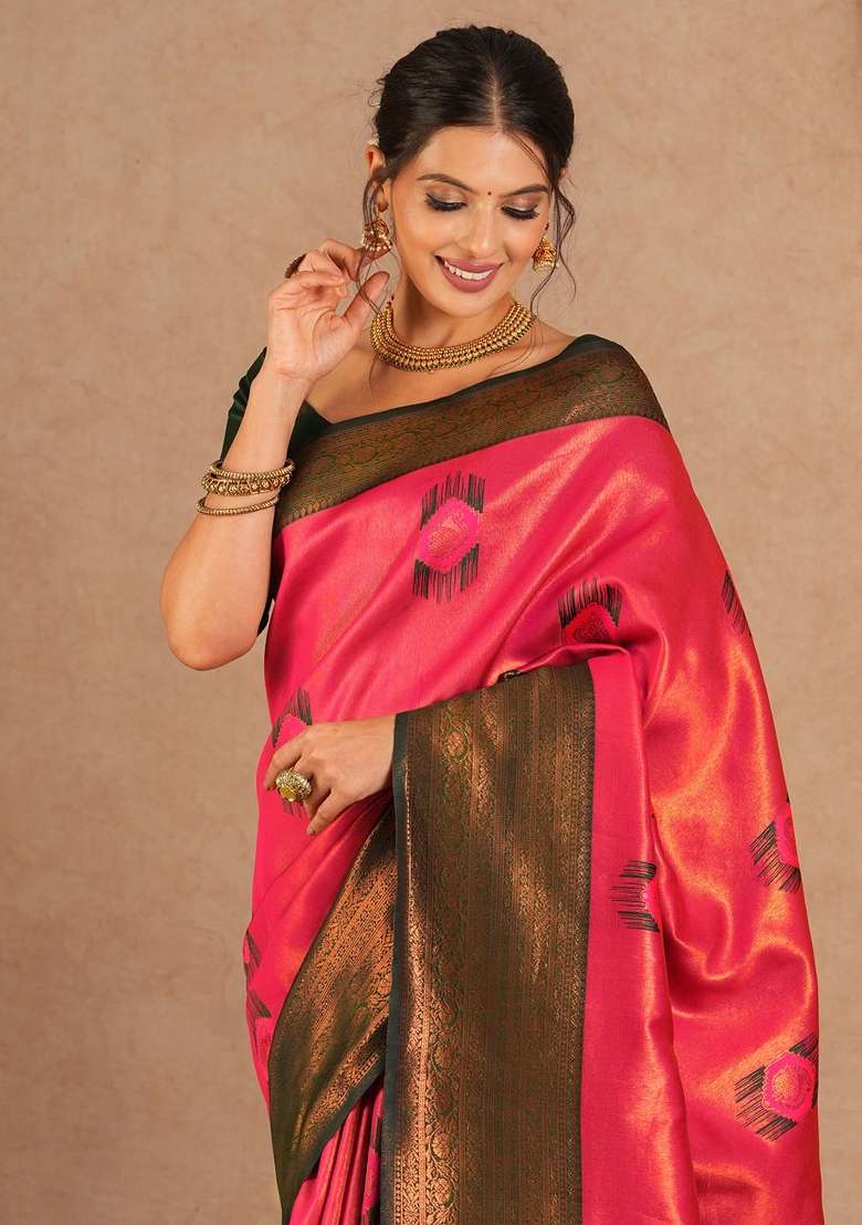 Pink Printed Banarasi Silk Blend Saree Set - Indya