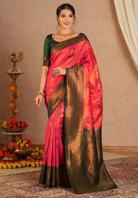 Pink Printed Banarasi Silk Saree Set — view on Indya