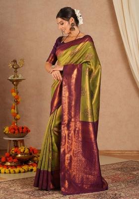 Light Green Printed Banarasi Silk Blend Saree Set