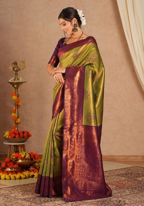 Light Green Printed Banarasi Silk Saree Set — view on Indya