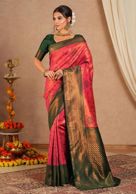 Pink Printed Banarasi Silk Saree Set — view on Indya